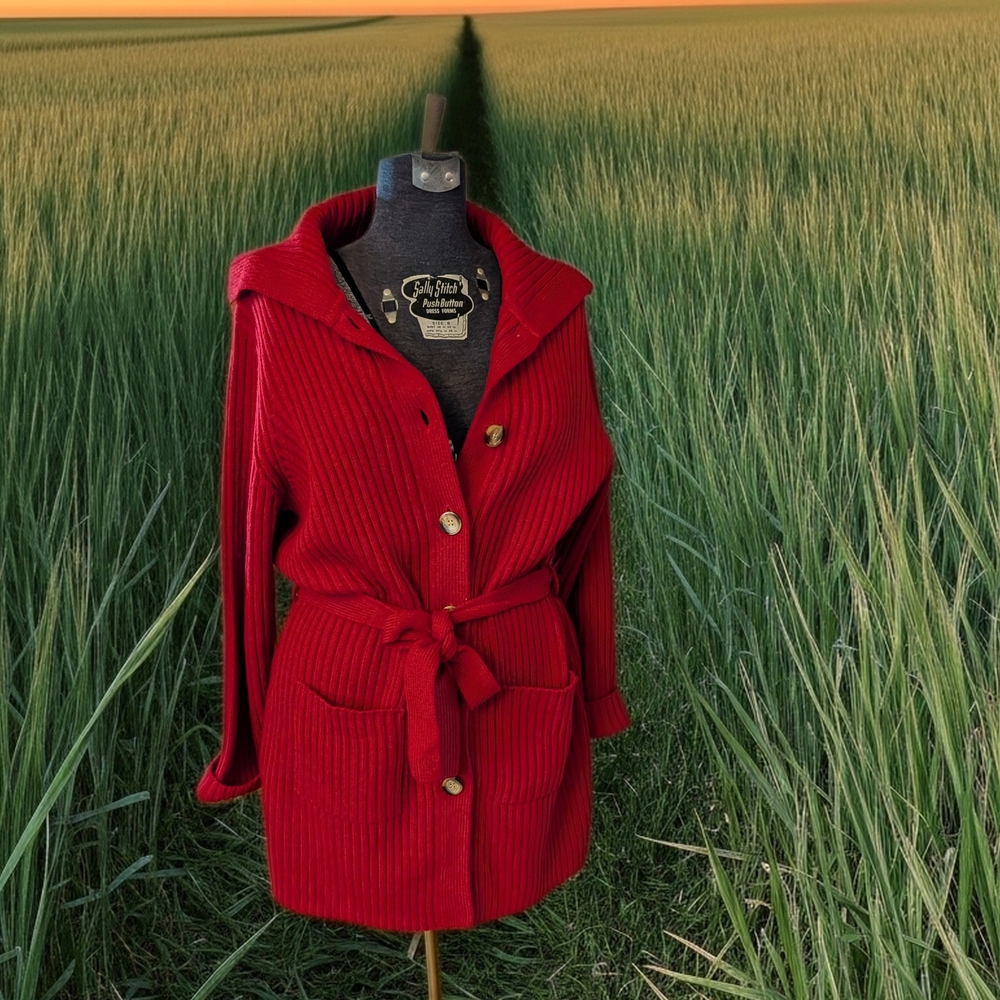 NWOT Carolyn Taylor Vibrant Red Ribbed Knit Cardigan with Belt, Size L